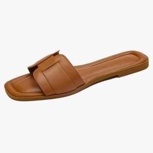Womens Flat Sandals Flat Slide Sandals, size 8, brown/ cognac